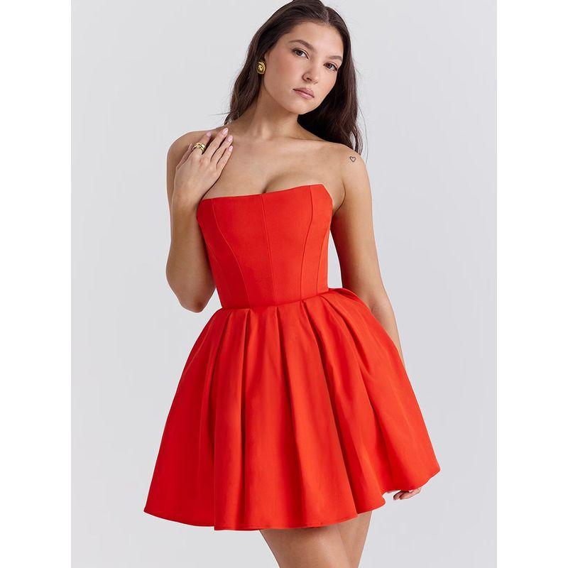 

House Same Style Beautiful White Strapless Dress French Sweet First Date Chic Pleated Sleeveless Dress Dress Tomato Red Strapless Skirt L