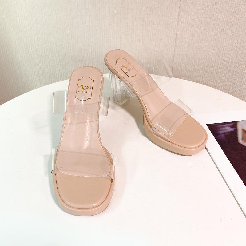 High-heeled slippers women's 2025 summer new one-word with PVC outer wear fashion crystal and slippersladies