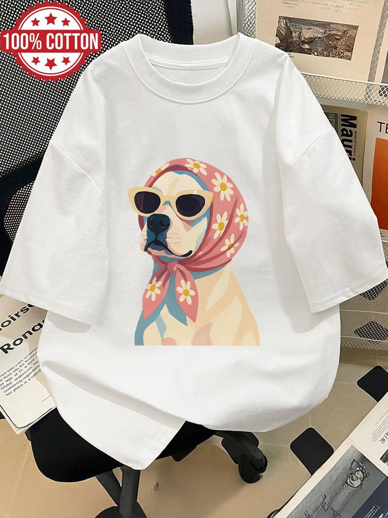 Summer Women's Illustration Style Dog Print TShirt Unisex Cotton and Breathable Short Sleeve Streetwear Oversized Loose Casual