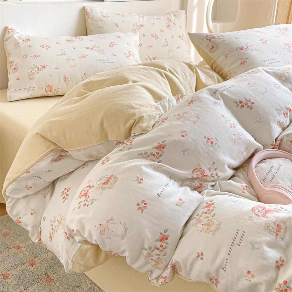 Pure Cotton Class A Maternal And Infant Grade Double-Layer Yarn Four-Piece Set, Summer Breathable Small Floral Dormitory Can Be Washed Without Pilling