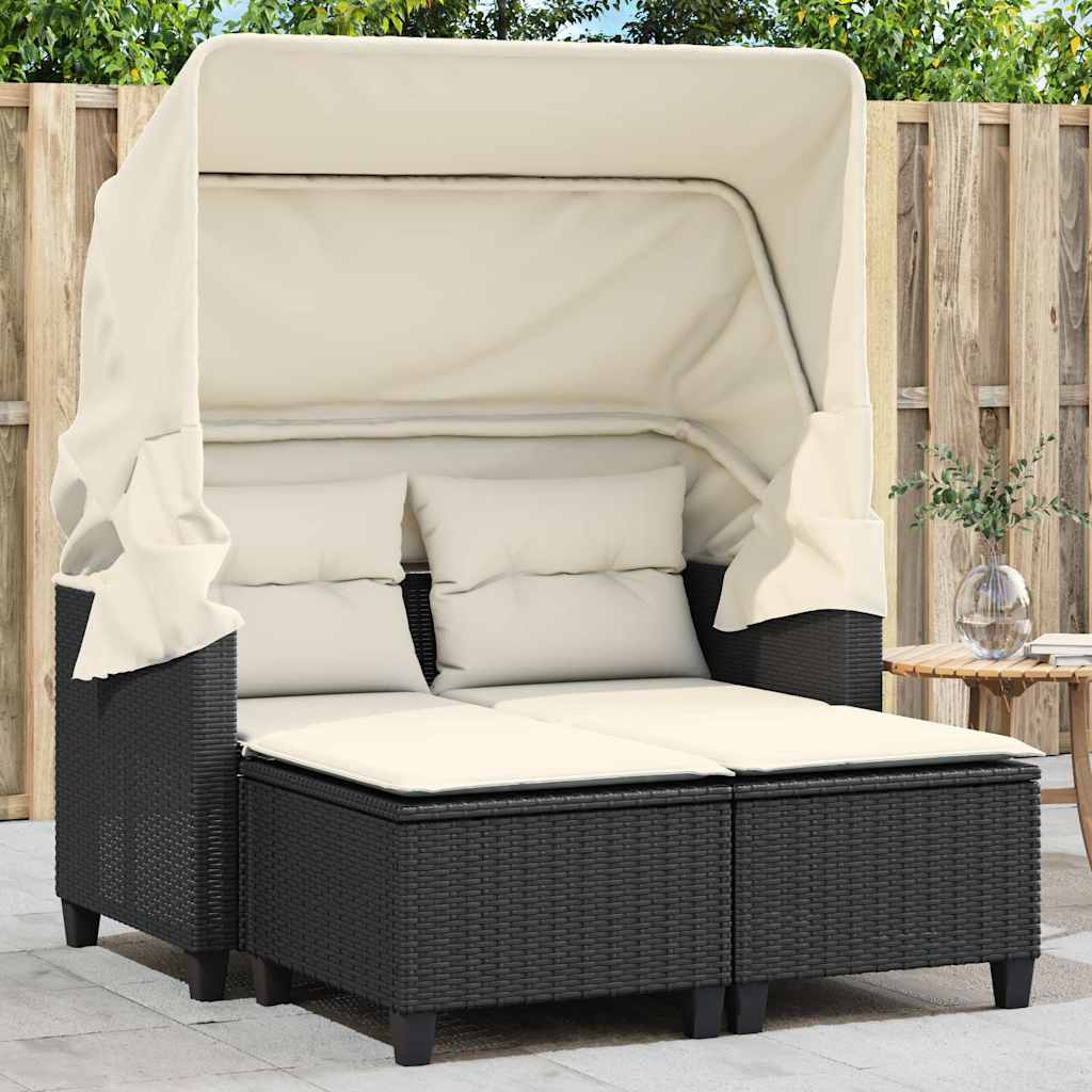 2 Seater Garden Sofa with Canopy and Footstools Black Poly Rattan