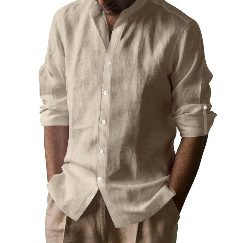 Men Solid Linen Stand Collar Casual Loose Long Sleeve Breathable Shirt