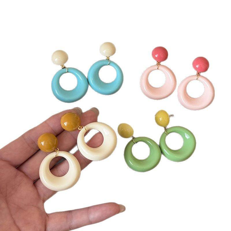Round Color Blocking Pendant Earrings for Women, Fashionable and Cute Style Earrings Gift