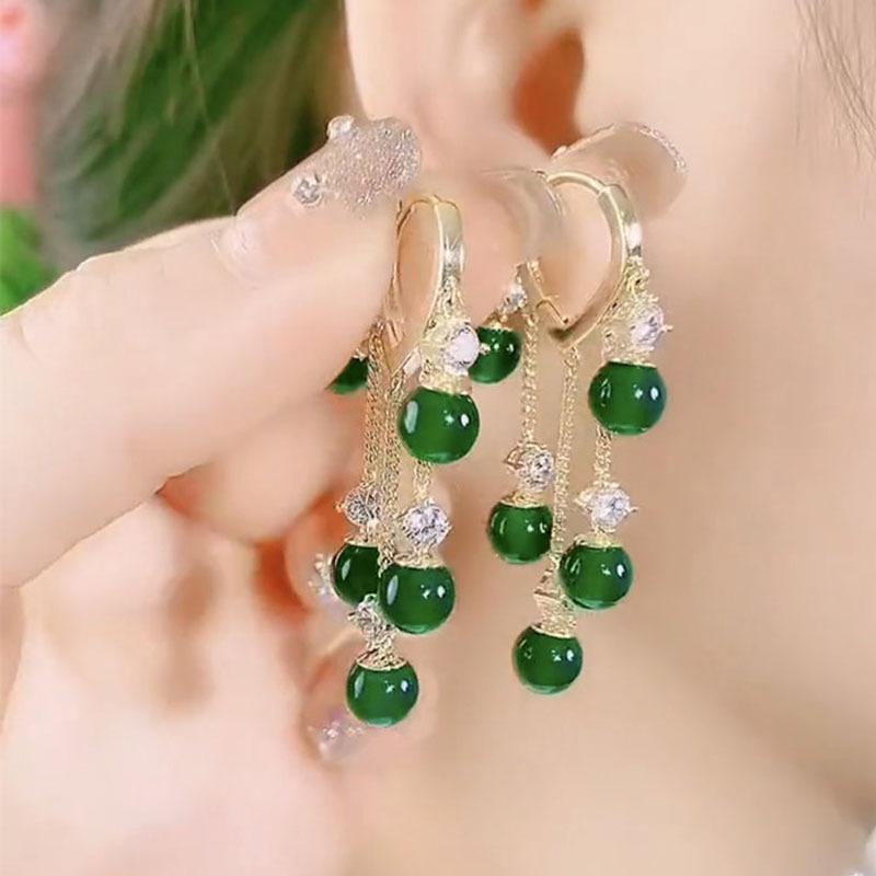 European and American Popular Niche Design Emerald Opal Ear Buckle Temperament Earrings Fringed Long Earrings