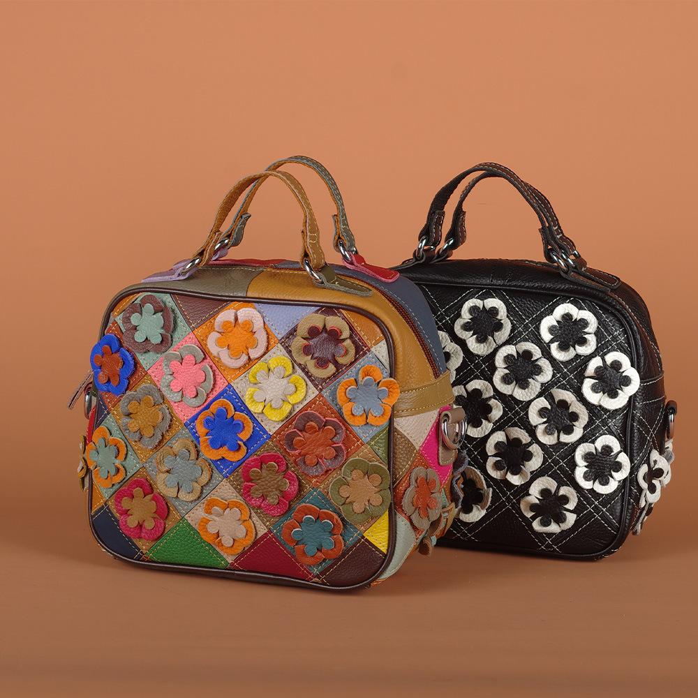 Wind Leather Handbag Messenger Bag Hand-Spliced Flower Women'S Bag Colored Rhombus Leather Small Square Bag Women'S Bag