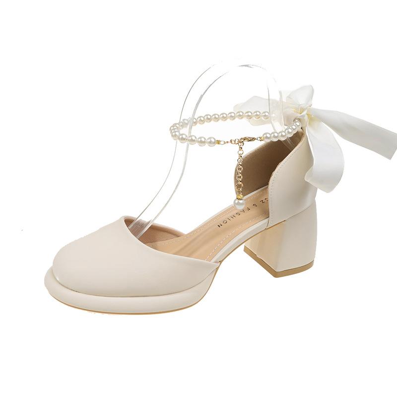 Fairy wind bag head sandals female summer pearl Mary Jane shoes one-button hollow single shoes thick heel French high heels