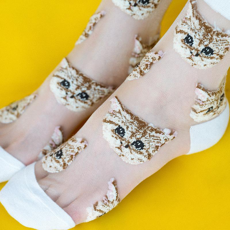 Women Transparent Cute Cat Socks Ladies Japanese Fashion Korean Trendy Summer Thin Crystal Silk Sock Glass Fiber Stocking
