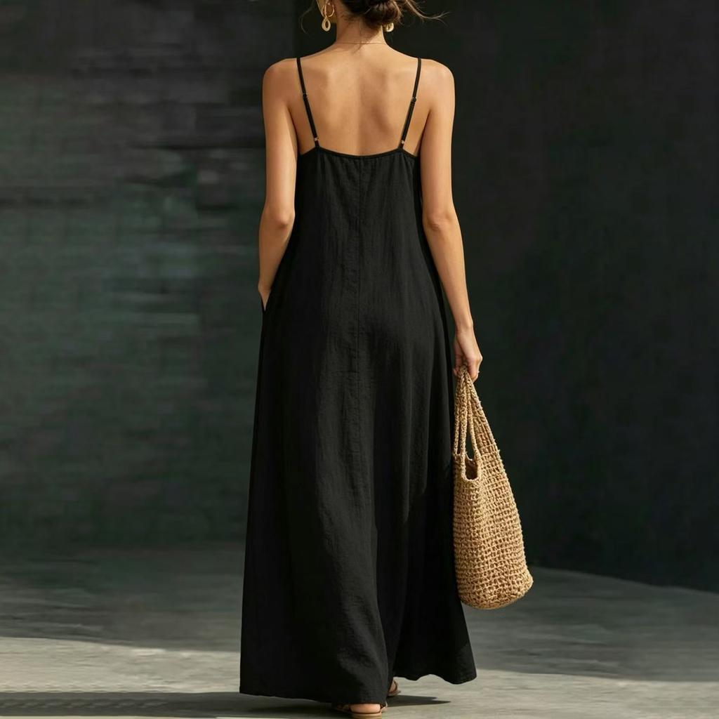 Women's Sleeveless Maxi Dress with Adjustable Spaghetti Straps Flowy Loose Fit Long Sundress with Pockets for Casual Wear