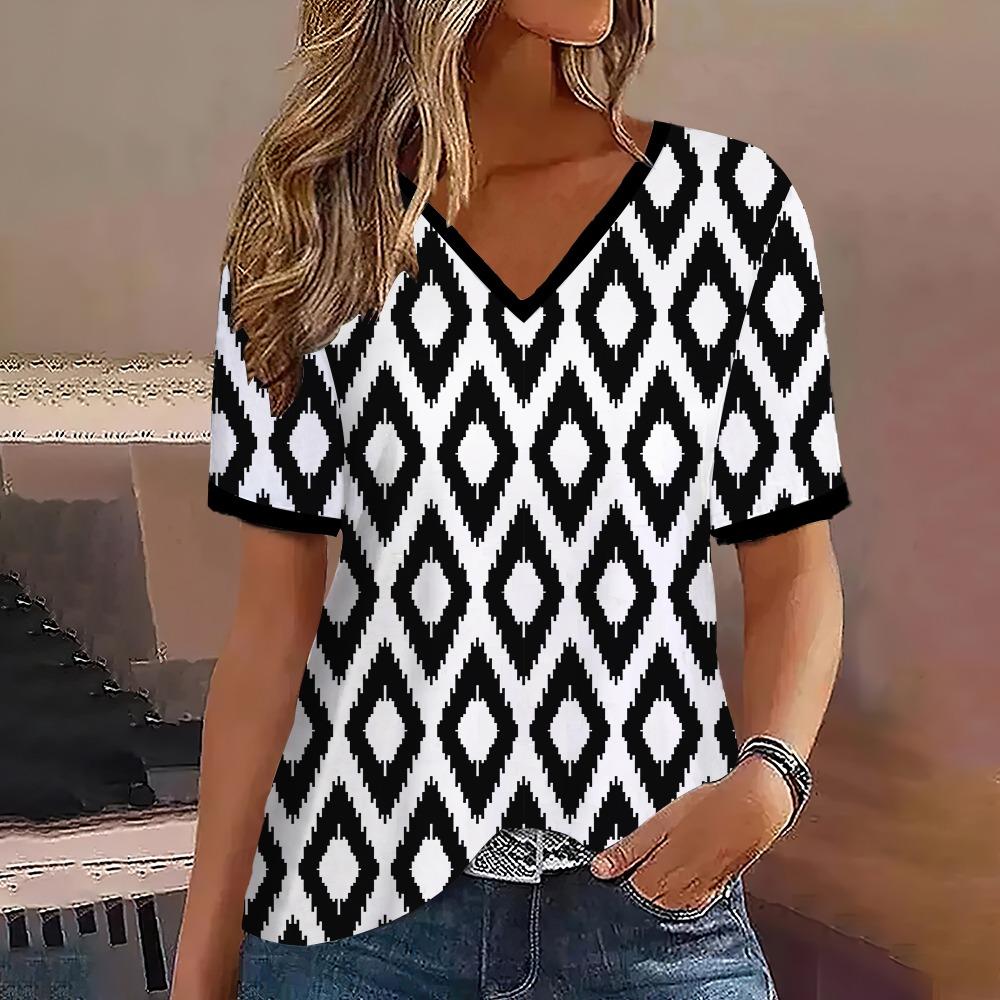 Fashion Women T-Shirt Stripes Print Gradient V-Neck Short Sleeve Basic Tops Streetwear Summer Oversized Clothing Female T-Shirts