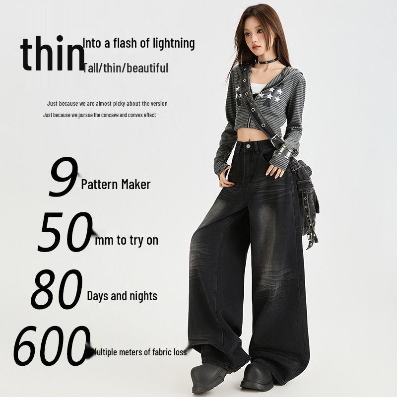 Dámské retro černé a šedé džíny se širokými nohavicemi s designem puku pro podzim 2025