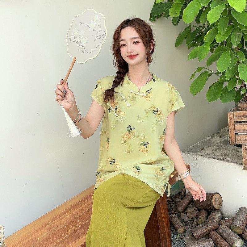 Summer Rayon Blend Cheongsam Short Sleeve Tshirts Frog Closure Tops Floral Print New Chinese Style Plus size Independent Design