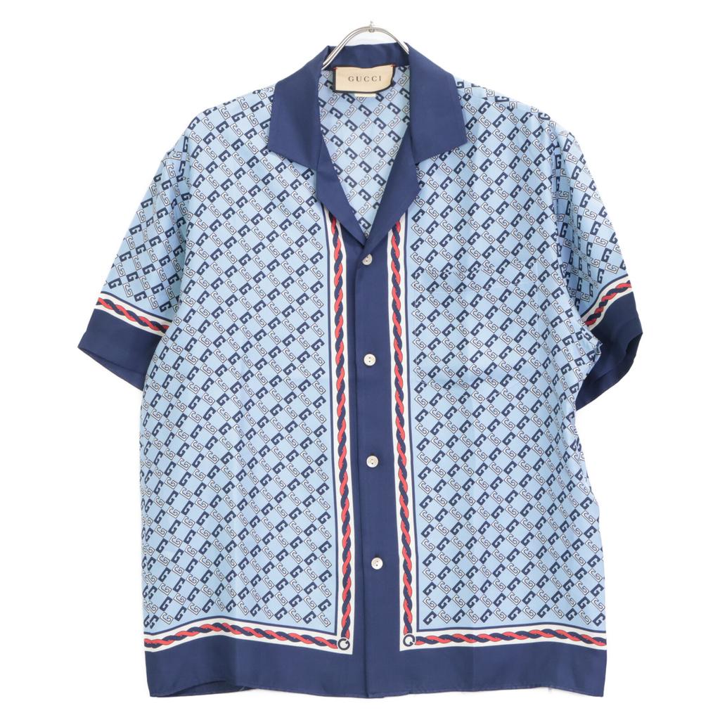 GUCCI 690464 22Stainless Steel 690464 ZAIZX Geometric G Print Short Sleeve Bowling Shirt tops 48 blueUsed