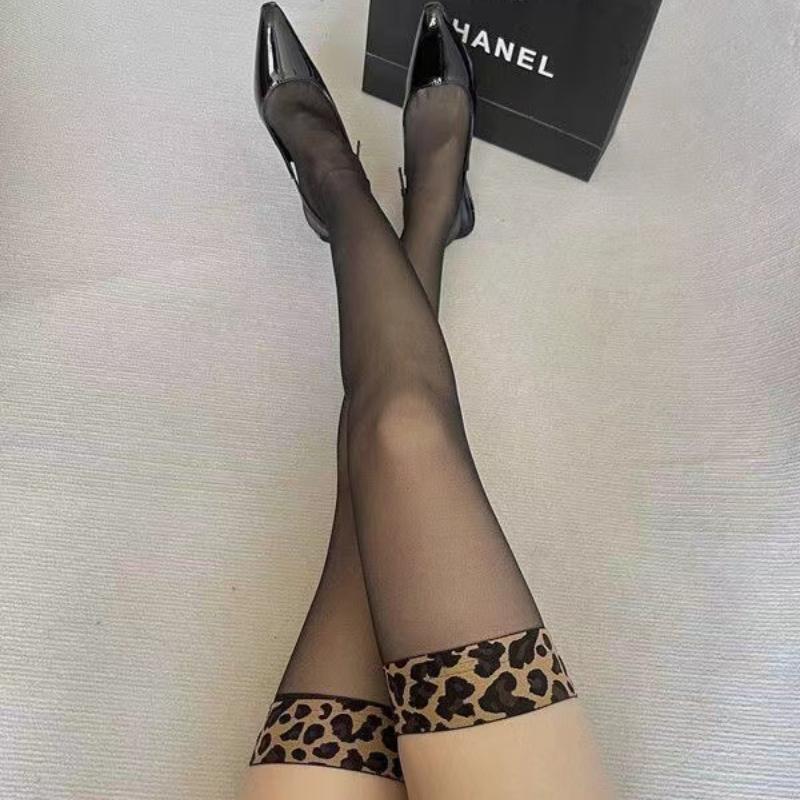 Leopard Tube Stocking Patchwork Sexy Black Stockings Popular Underwear Women's Thigh High Socks 20D Transparent Long Leg Hosiery