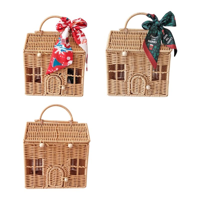 Valigia Scatola Decorativa in Rattan Cesto Intrecciato a Mano in Plastica a Forma di Casa con Manico Sacchetto per Confezionare Regali per Festival