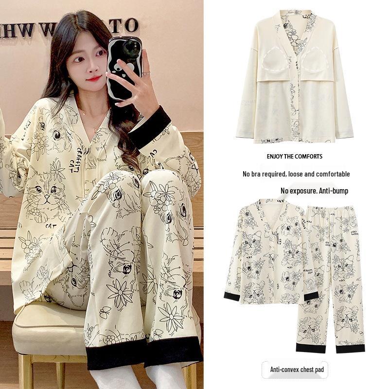 Women's Retro Print Cotton Pajama Set - V-Neck Cardigan, Loose Fit, Comfy Korean Style, Spring/Autumn.
