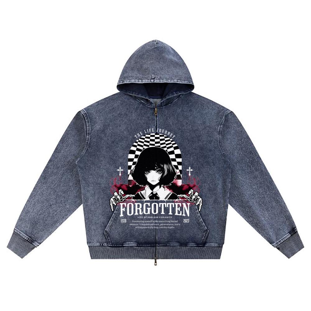 

DTG print Knitted Denim Zip-Up Hoodie Forgotten Brother Print Zipper Hoodies XL темно-синий
