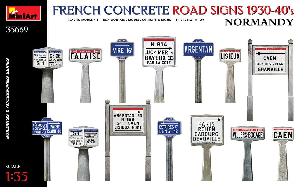 Miniart 1/35 Scale French Concrete Road Sign, 1930s-40s, Normandy Plastic Model, MA35669