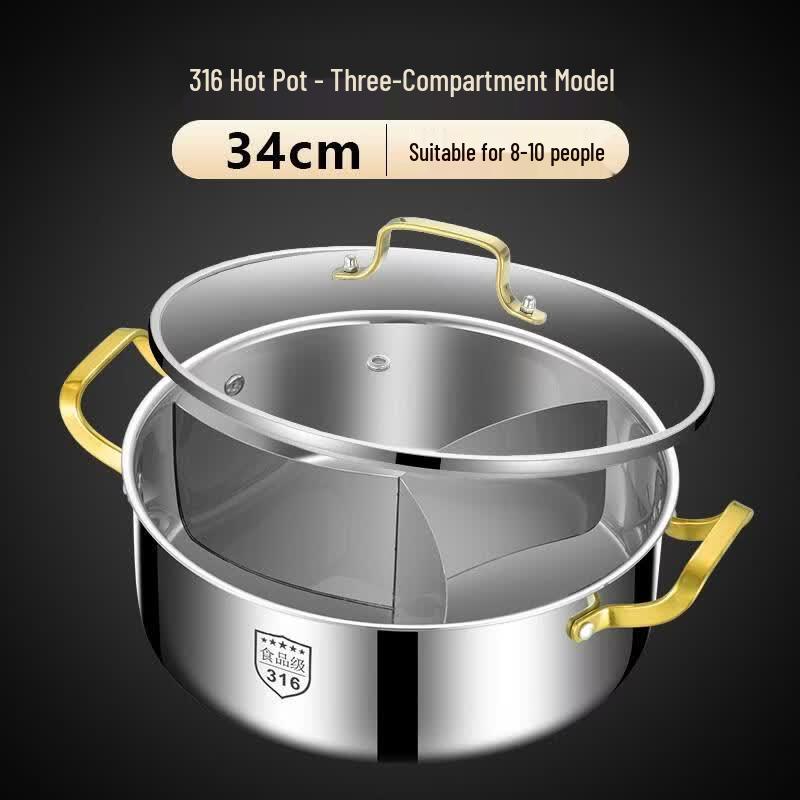 HANDUNYOU 34CM Triple-Compartment Hot Pot