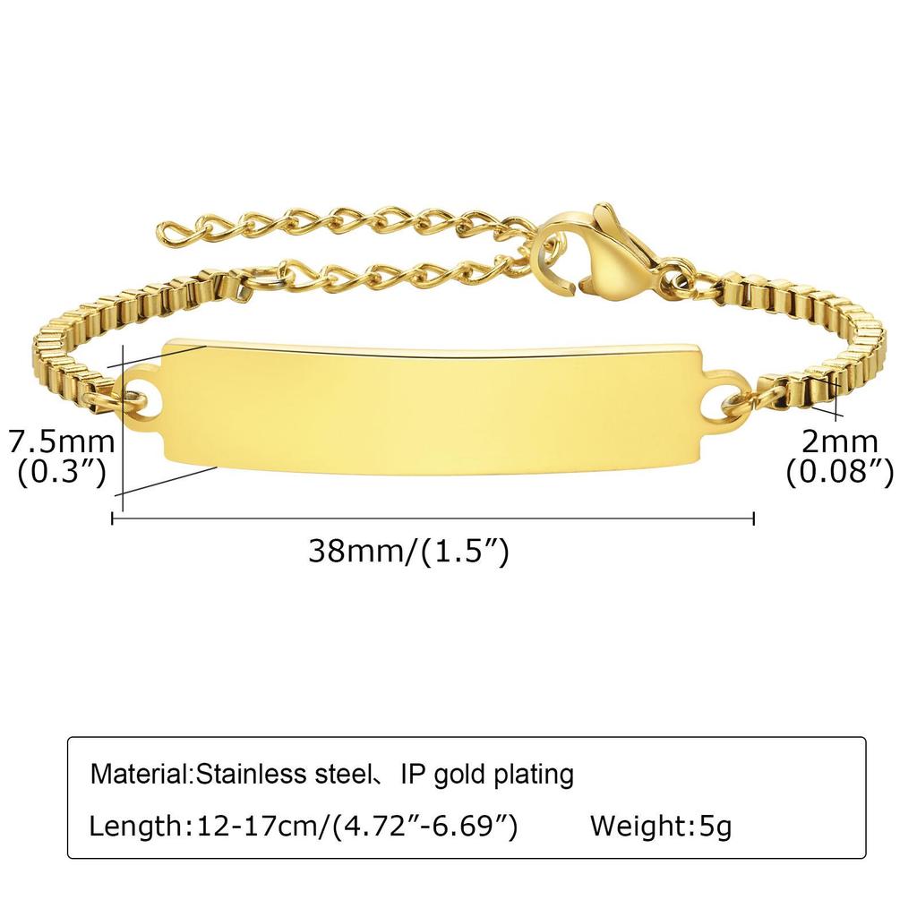 Engravable Gold Curved Box Chain Stainless Steel Women's & Children's Bracelet - BR-1540