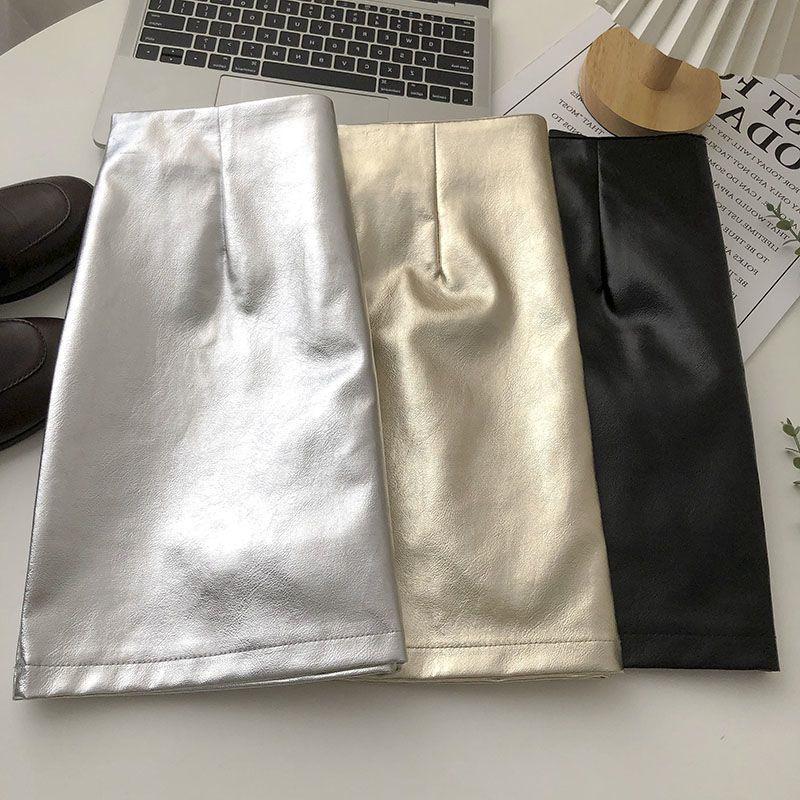 Silver High-Waist Leather Mini Skirt: Anti-Exposure, Korean Style, Versatile for Spring/Autumn, 2025 Women's Fashion