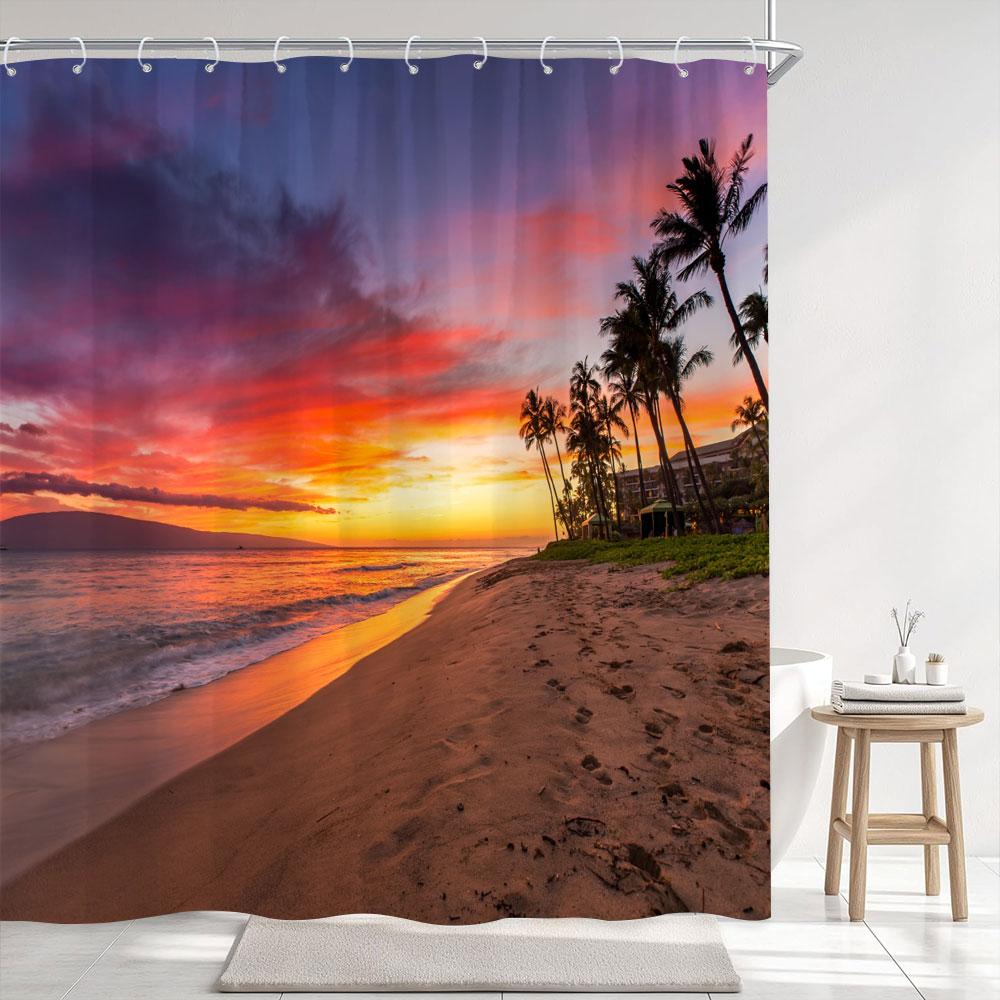 Dämmerung Sonnenuntergang Meeresstrand Außenlandschaft Duschvorhang Küsten Naturlandschaft Polyesterstoff Heim Badezimmer Vorhänge Badezimmer Dekor