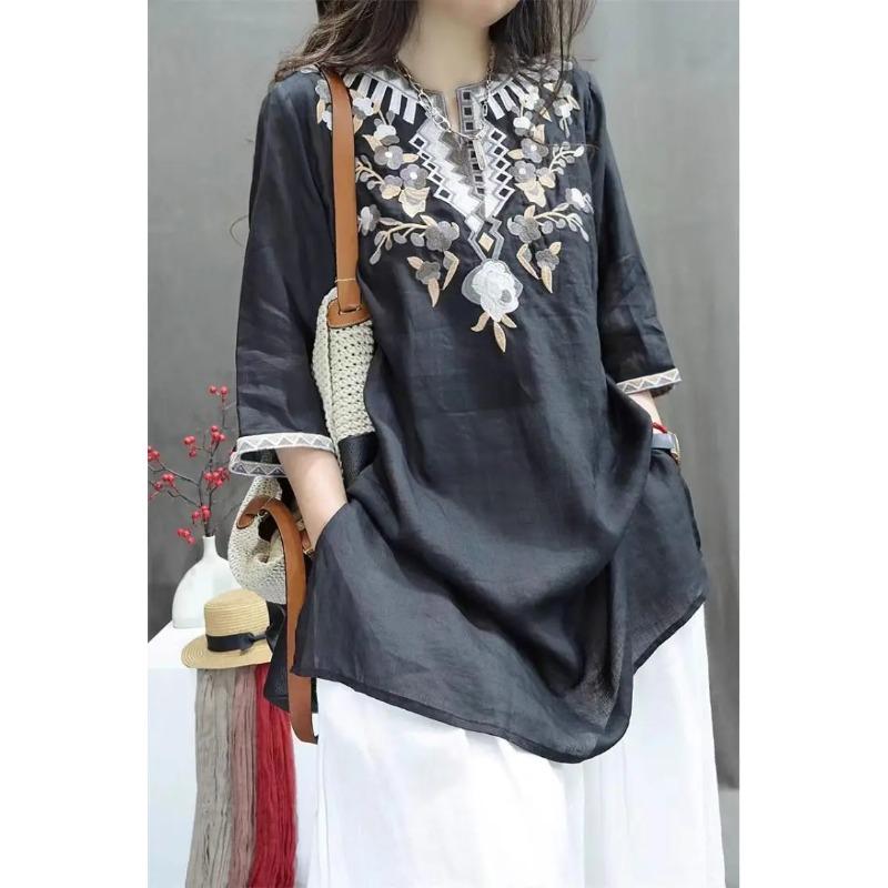 Sommer Schwerindustrie Damen Vintage Bestickt Mittellang Locker Leinen Stilvoll Lässig Pullover