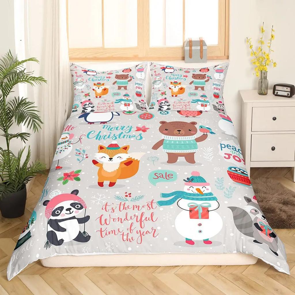 Weihnachten Schneemann König Königin Bettbezug Kinder Cartoon Bettdeckenbezug Weiß Winter Schneeflocke Bettwäsche Set Polyester Bettdeckenbezug