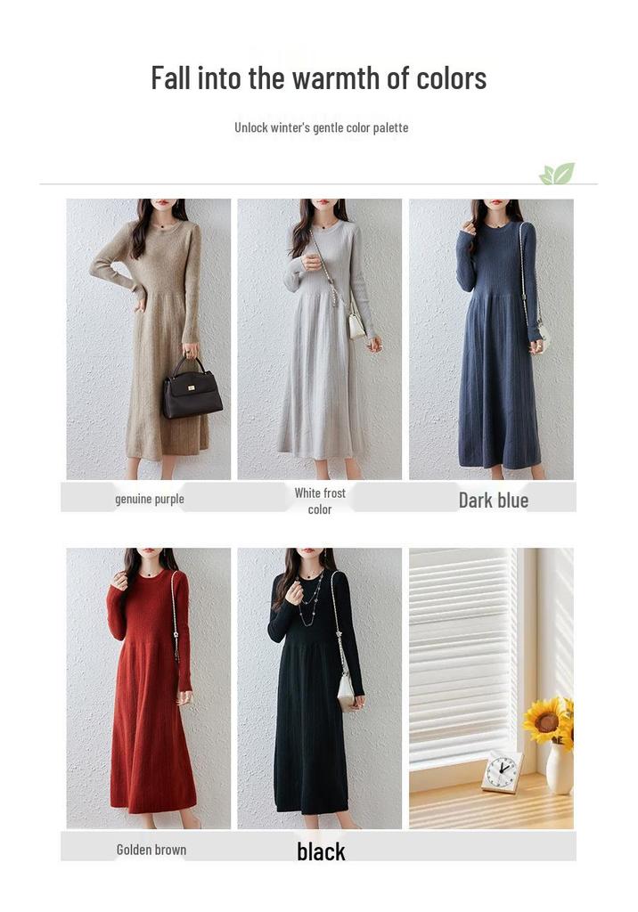 Women's Long Sleeve Knee-Length Pure Wool Slimming Dress