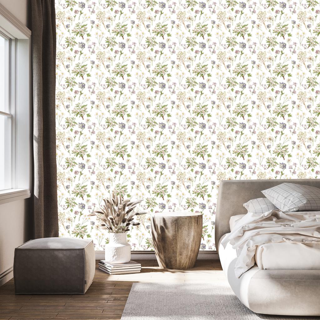 Wild Flowers Wallpaper White, Light Gray, Beige, and Cream 50x1000