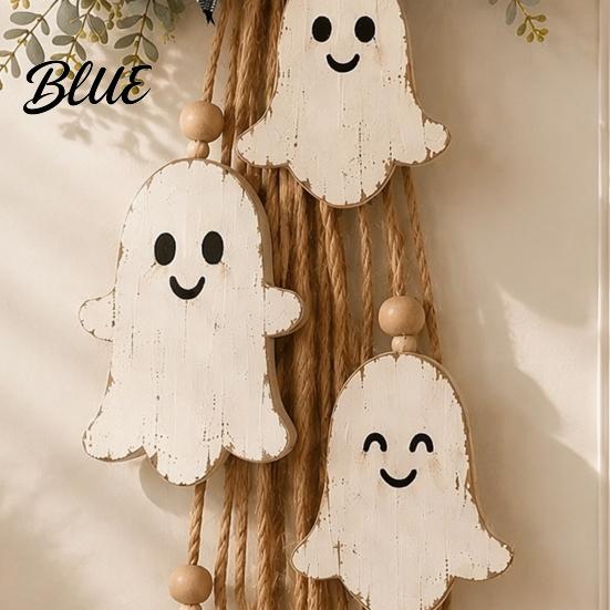 Seasonal Indoor Hanging Ornament Halloween Rustic Ghost Wall Decor with Wood Beads & Hemp Rope Farmhouse Tiered Layered Display Pendant for