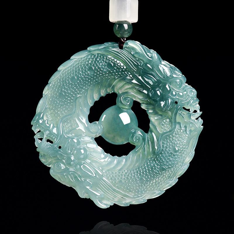 Blue Water Jadeite Double Dragon Pendant for Prosperity