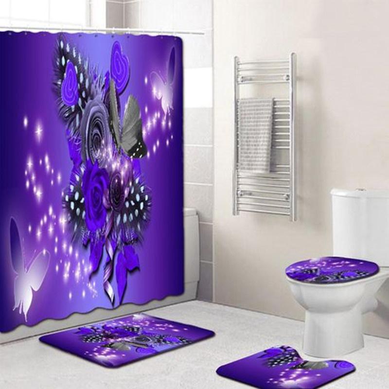 3D Rose Flower Shower Curtain Set Non-Slip Rugs Bath Mat Toilet Lid Cover and 12 Hooks Waterproof Polyester Bathroom Decor