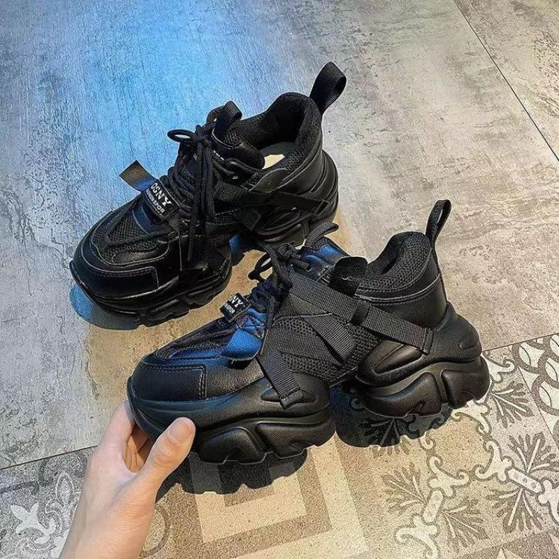 

Women s Chunky Sneakers Breathable Mesh Platform Sports Shoes Woman Fashion Lace Up Thick Sole Casual Mujer 2025 Summer New 35 чёрный