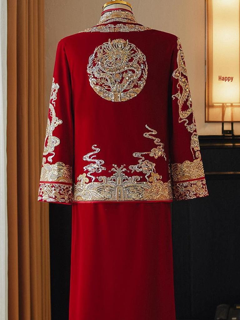 Herren 2024 Xiuhe Samt Hochzeitsanzug: Chinesisches Bräutigam Drachen & Phönix Gewand, Übergröße verfügbar