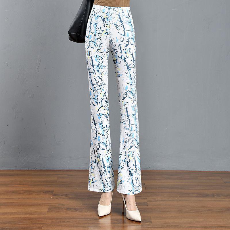 2024 Floral Plaid Elastic Waist Slimming Micro Flare Women's Pants