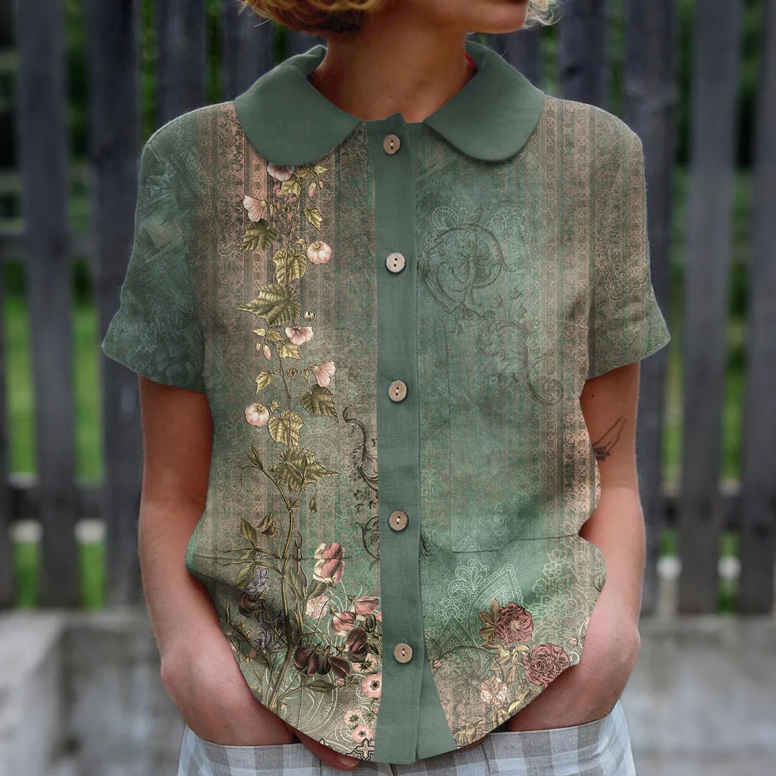 

Women s Casual Fashionable Printing O Neck Button Short Sleeved Top L армія зелений колір