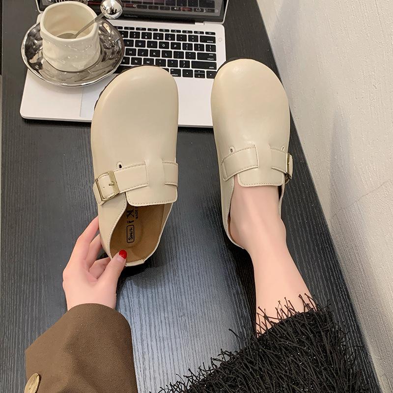 Baotou half slippers women's outer wear 2025 spring new fashionable versatile leather surface one pedal thick-soled Birkencool slippers