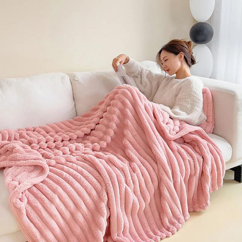 Solid Thickened Wide Striped Flannel Multifunctional Throw Blanket Luxury Faux Rabbit Fur Warm Bed Blankets Sofa Blanket,nap Blanket