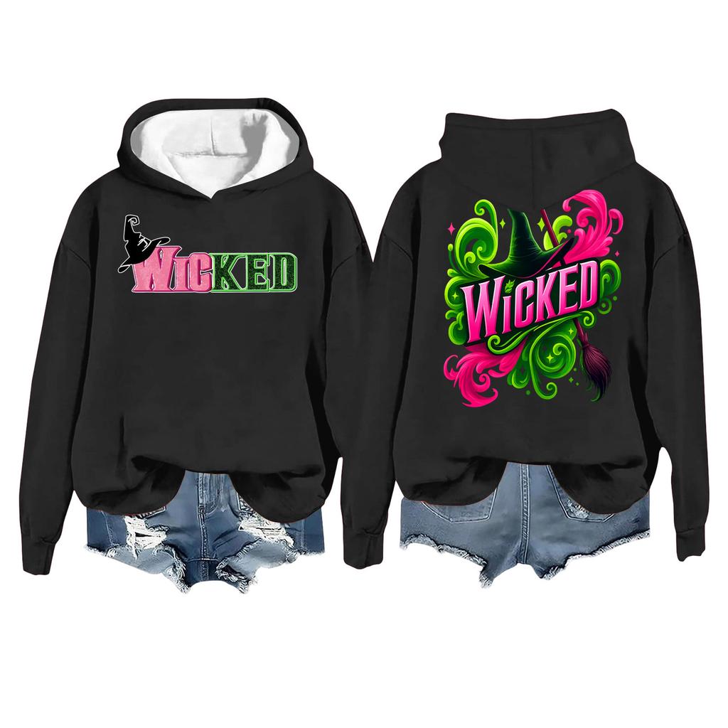 Women's Casual Long Sleeve Pullover Witch Print Hooded Sweatshirt