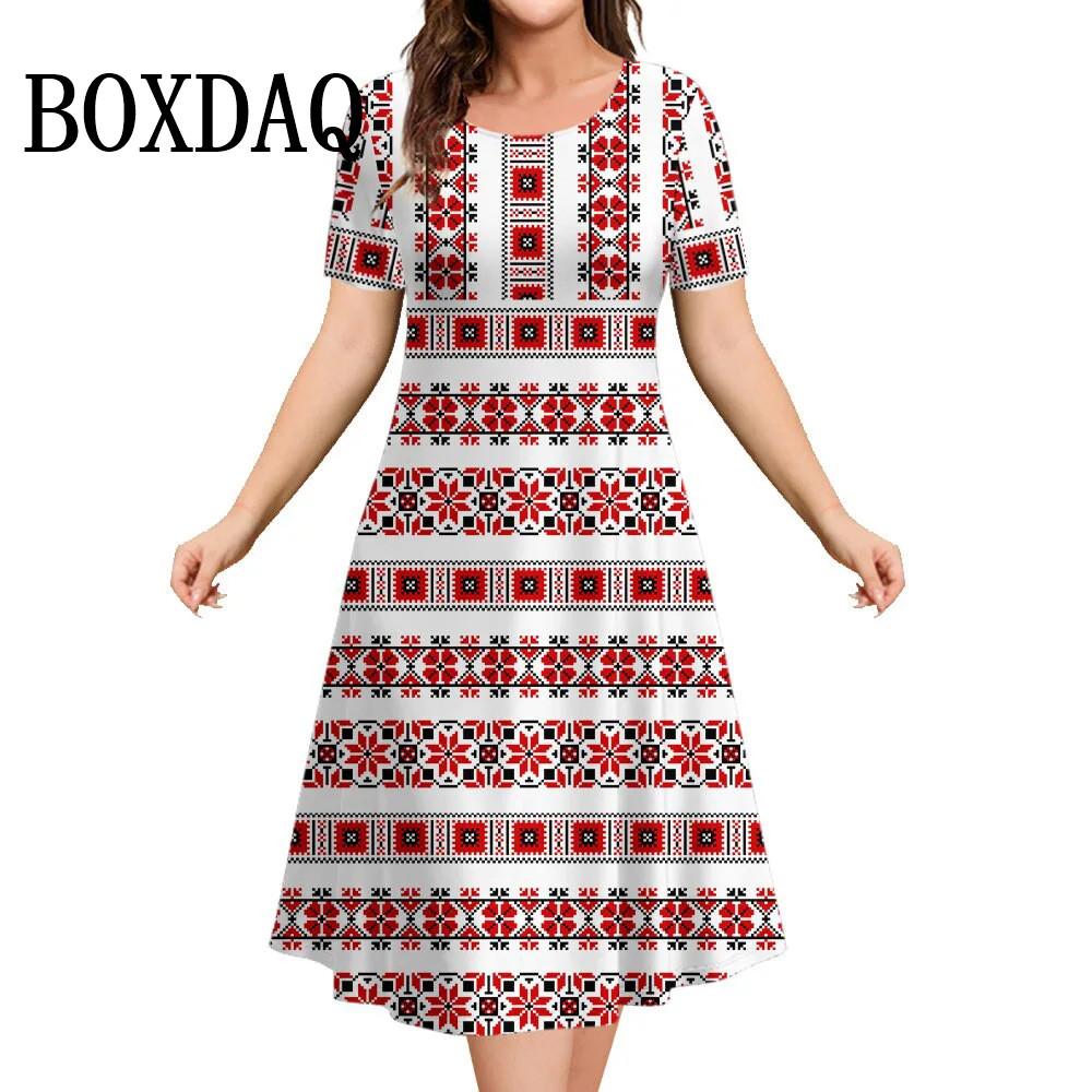 Damen Sommerkleid Retro Ethnisch Rundhalsausschnitt Kurzarm Geblümt 3D Gedruckt Locker Übergröße Damenkleider Vestidos Modekleidung