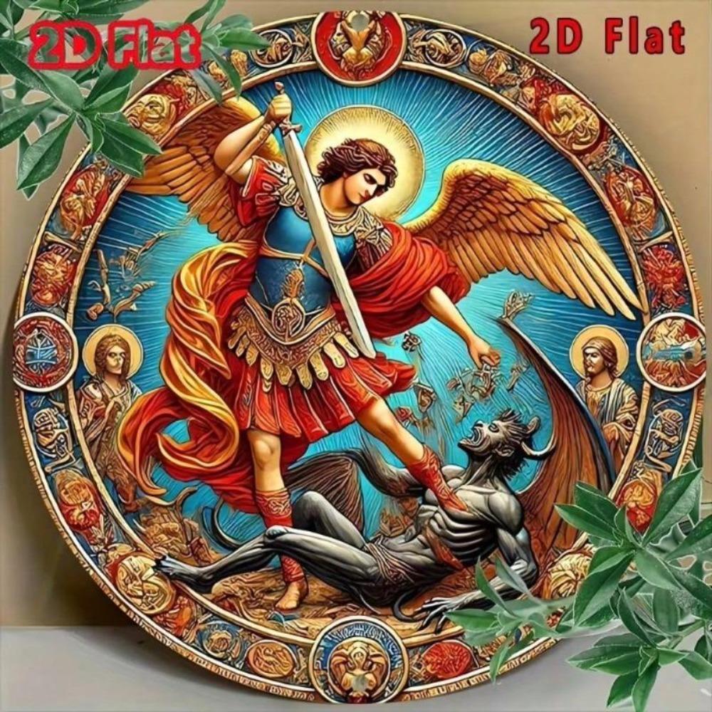 Flache Runde Metall Wanddekoration 2D Vintage Kunstwerk Erzengel Michael Dämon Aluminiumschild 8x8 Zoll