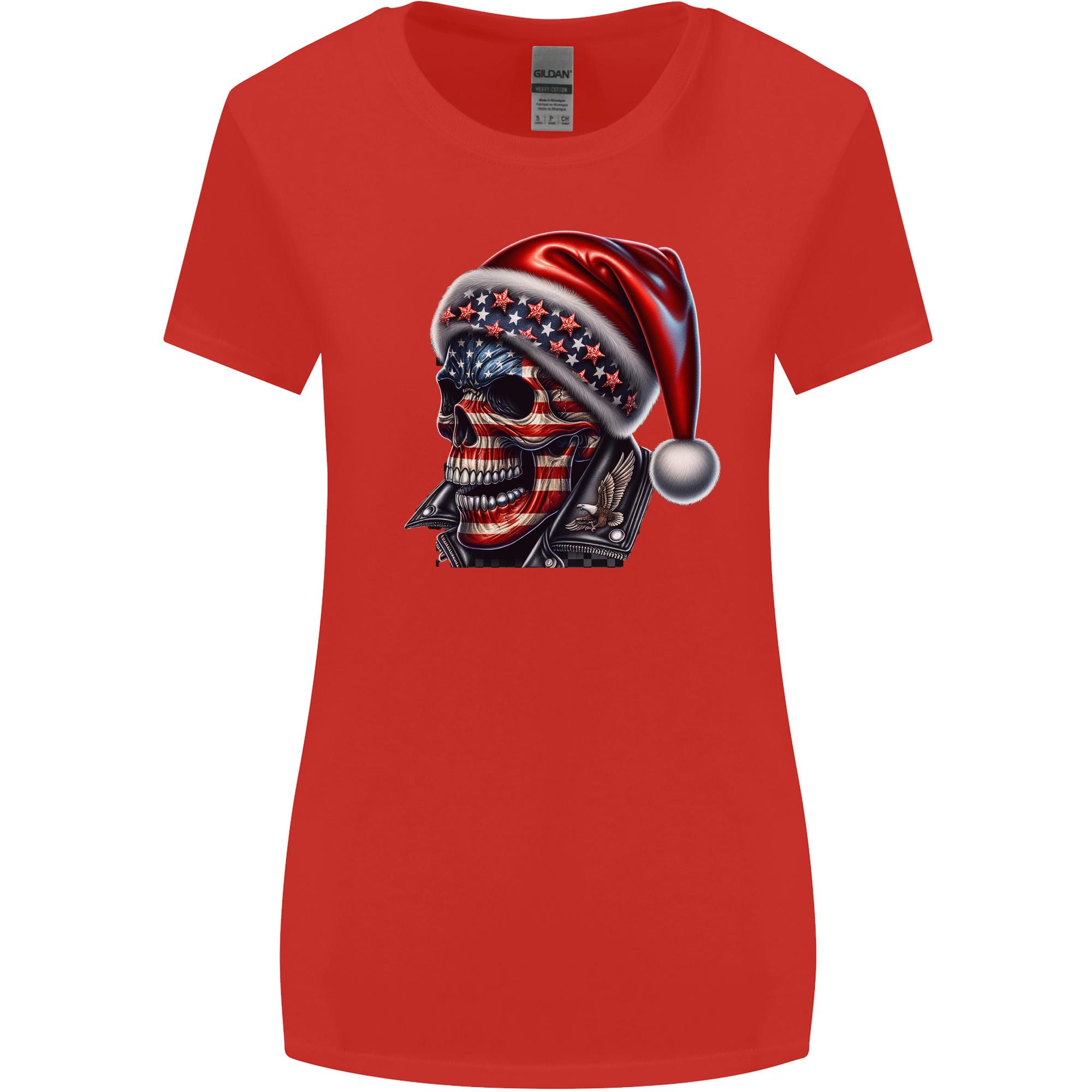 American Christmas Skull Xmas USA Flag Biker Unisexs Wider Cut TShirt S