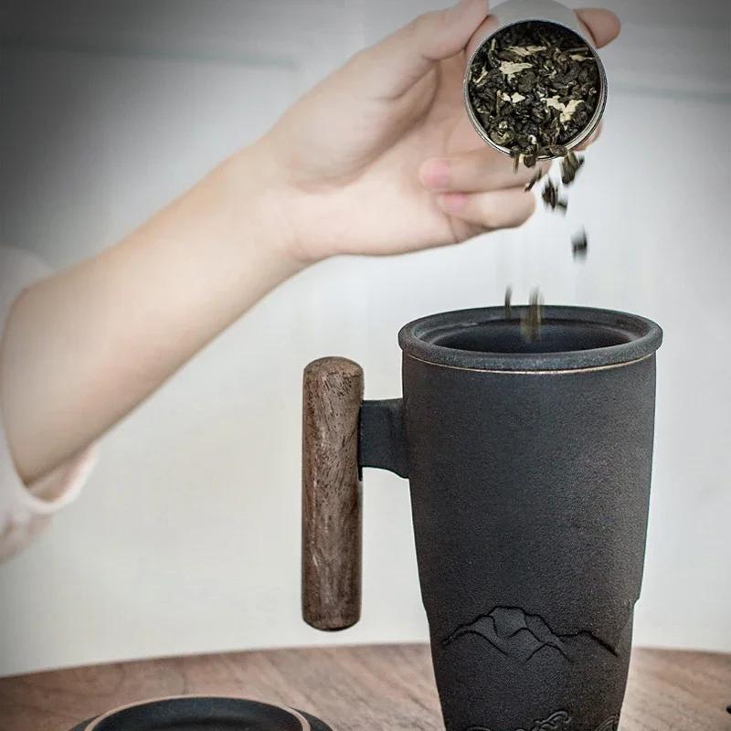 Luxury Retro Tea Cup Ceramic Mug Elegant Large Capacity Office Filter Black Water Cup with Cover Mugs Unusual Wooden Handle Cups Gift Ideas Box