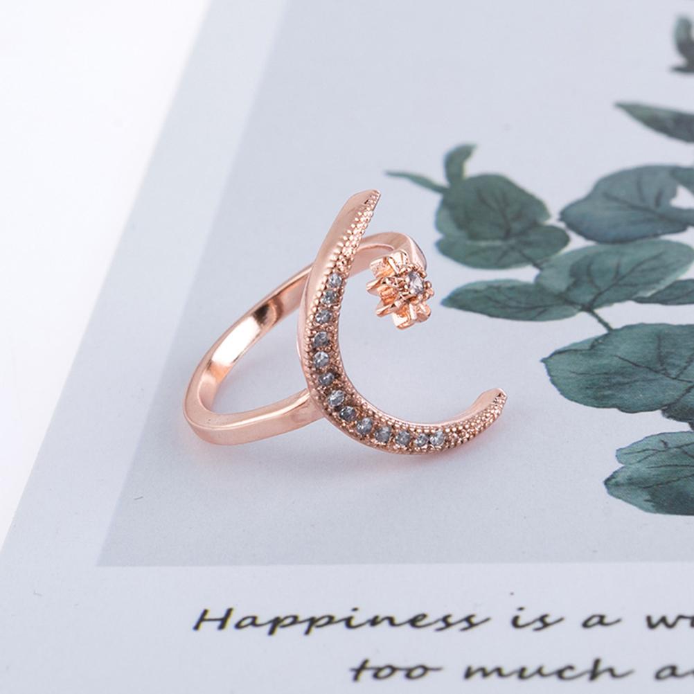 Crescent Moon Star Rings for Women Girls Adjustable Moon Open Ring Cubic Zirconia Minimalist Ring Jewelry Valentines