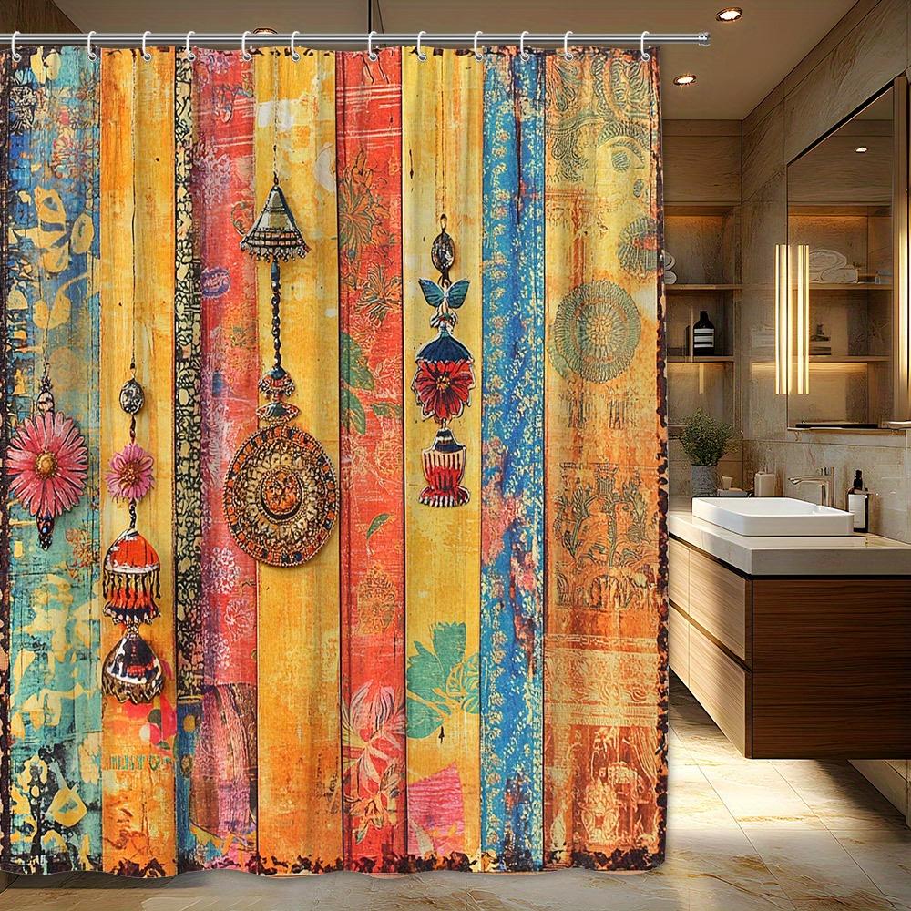 

1pc Vintage Bohemian Shower Curtain - Indian-Inspired Ornament Design with Colorful Pendants on Rustic Wood, Polyester Fabric 90x180cm
