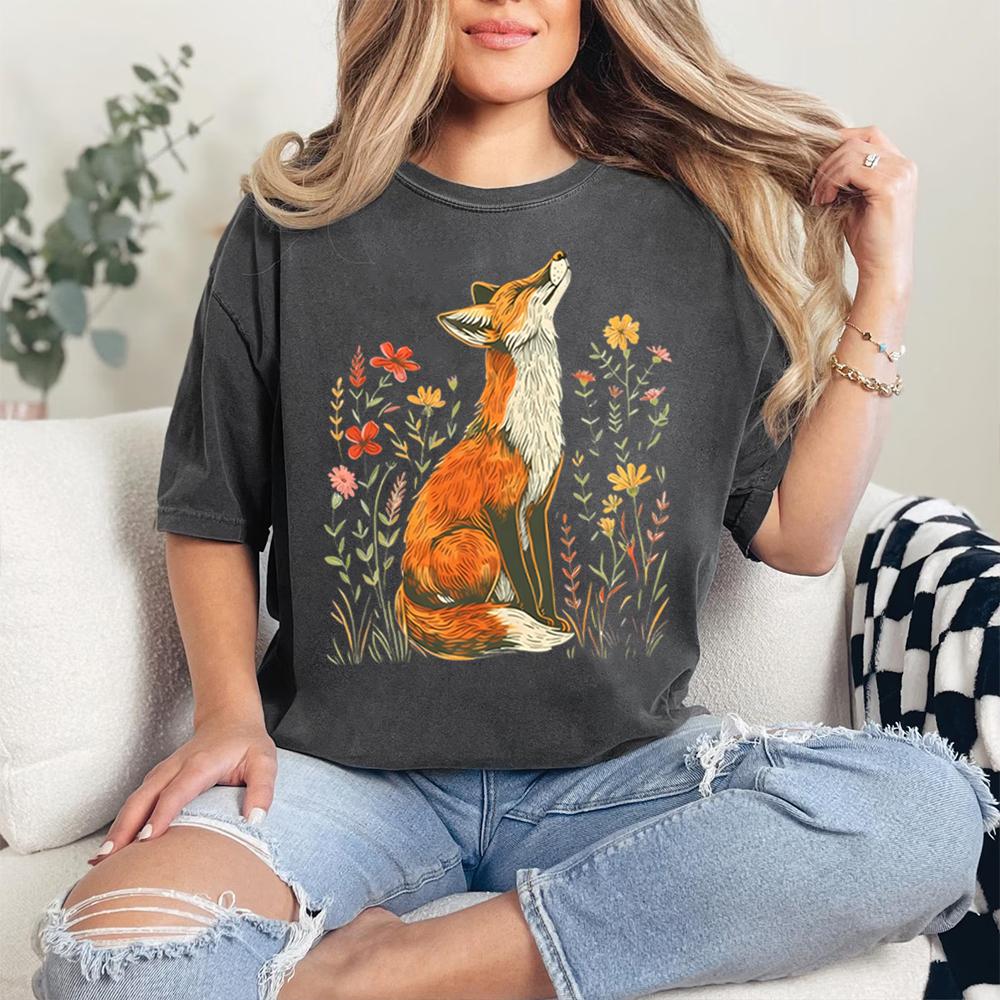 Vintage Wildflower Fox Comfort Shirts Light Academia Cottagecore Forestcore Whimsical Shirt Casual Daily Y2K Top Streetwear