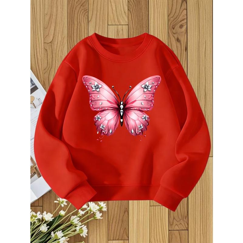Kids Sweatshirt Pink Butterfly Print Sweatshirt for Girls with a Round Neck, Perfect for a Sweet And -Like Style In Autumn And Winter