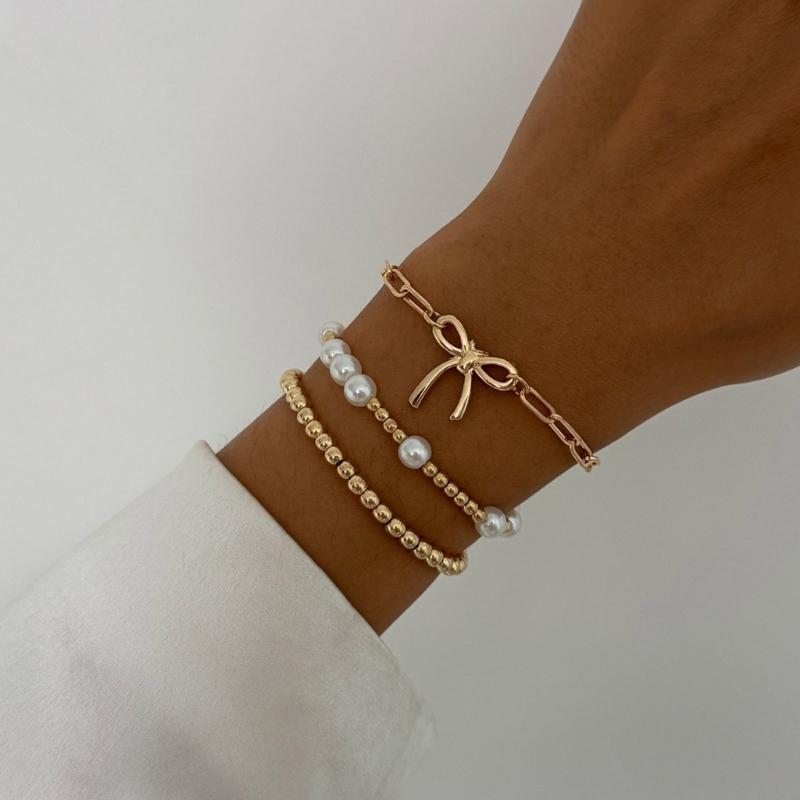 Modern Bowknot Detail Imitation Pearls Bracelet with Alloy Clasp Adjustable Chain Elegant Jewelry For Women