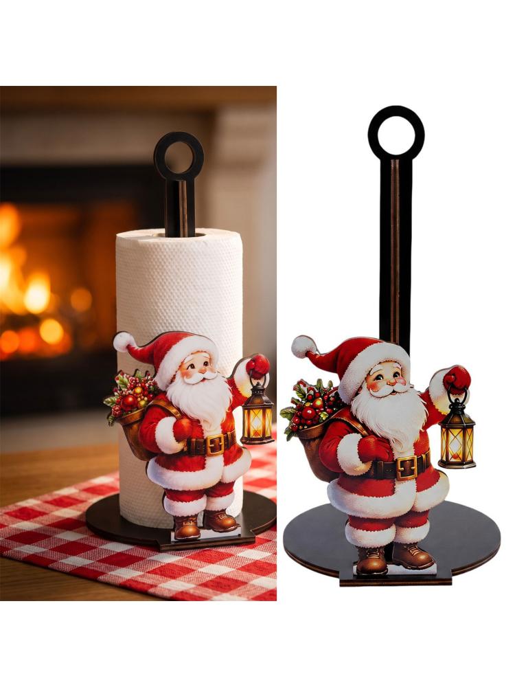 Wood Paper Towel Roll Holder with Vertical Center Post, Round Base, and Christmas Animal Panel for Countertop Use