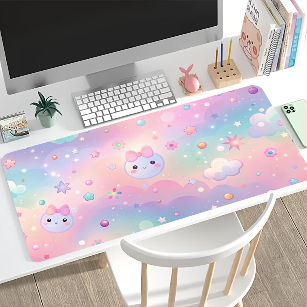 Pastel Cloud Kitty Gaming Mouse Pad Non Slip Rubber Stitched Edge Keyboard Table Mat For Laptop Office Desktop Decor